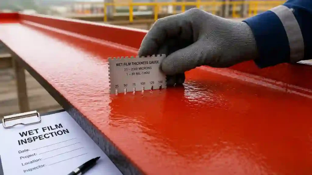 Wet film thickness gauge on painted steel surface