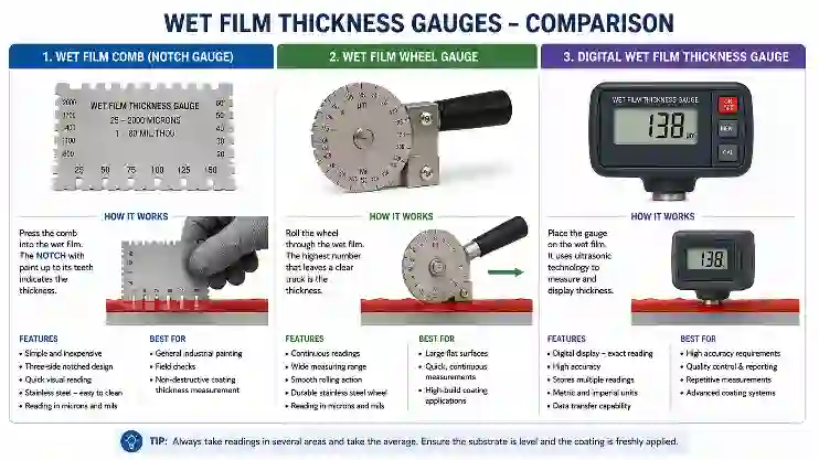 Comparison diagram of wet film comb gauge, wheel gauge, and digital gauge for paint thickness measurement