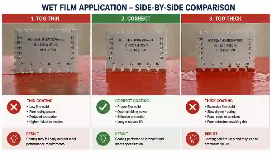 Side-by-side comparison of thin, correct, and excessive wet film coating application on steel surface