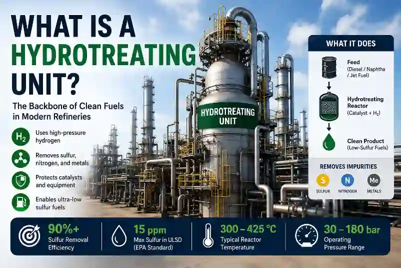 Hydrotreating unit in oil refinery showing reactor system used for sulfur removal and clean fuel production