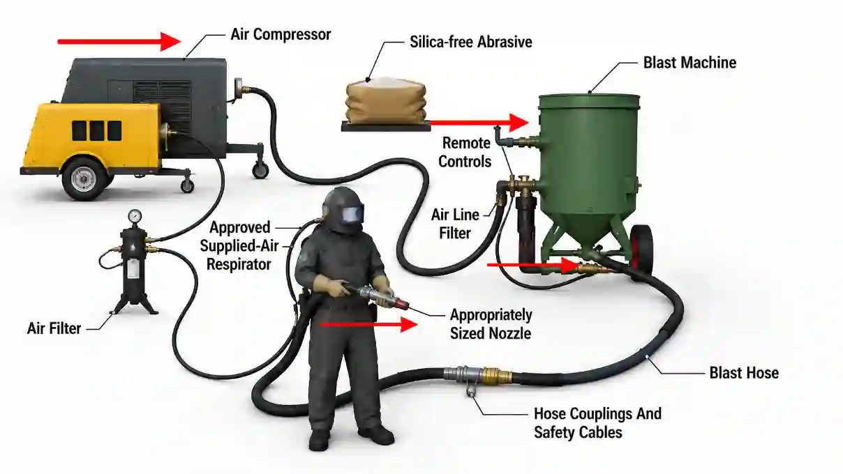 Abrasive blasting equipment setup showing air compressor, blast machine, hose and nozzle