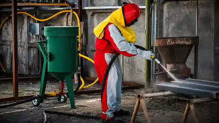 Blaster operating abrasive blasting equipment for steel surface preparation
