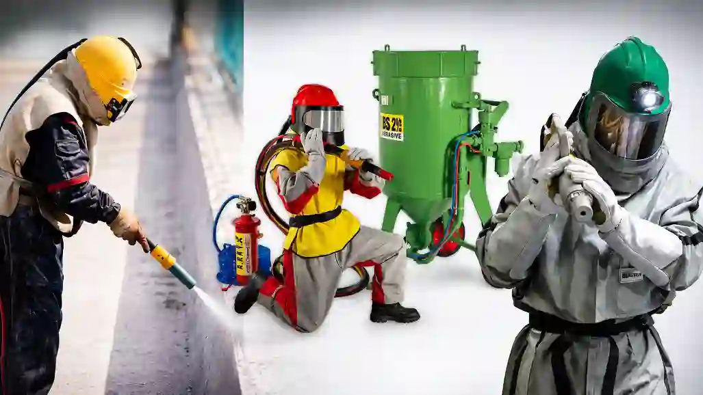 Blaster performing abrasive blasting with protective equipment and blast machine