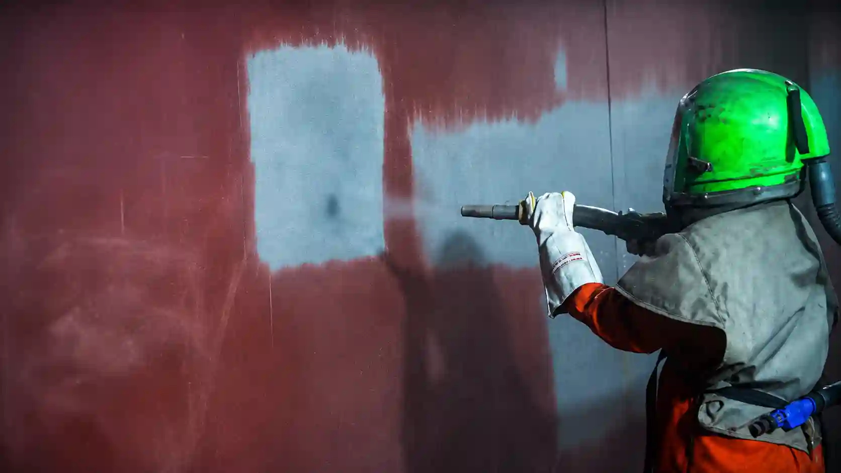 Blaster performing abrasive blasting during a trade test for surface preparation